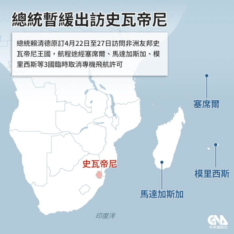總統賴清德原定22日出訪史瓦帝尼，然而包括塞席爾、模里西斯、馬達加斯加等3國在無預警狀況下，無端取消專機飛航許可，導致總統出訪行程暫緩。（中央社製圖）