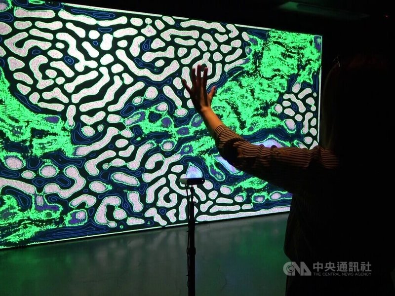 台灣新銳藝術家紀柏豪作品Life in Motion在洛杉磯音樂中心廣場的數位藝術空間展出，觀眾可用手勢與投影幕上的影像互動。中央社記者林宏翰洛杉磯攝 115年4月25日