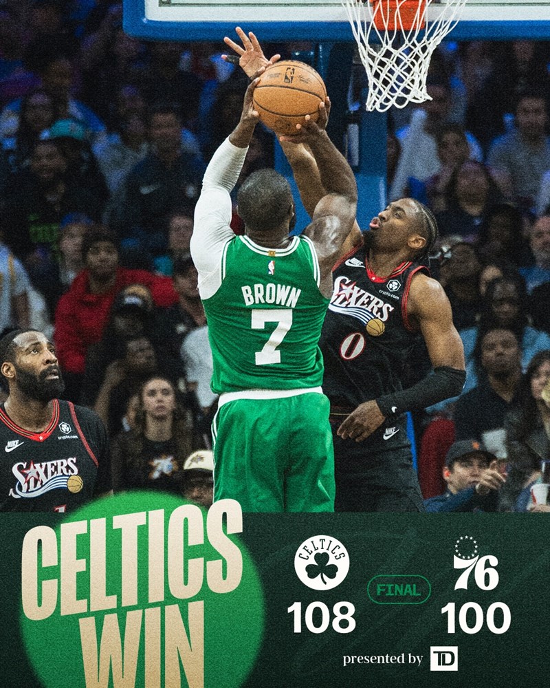 波士頓塞爾蒂克24日在美國職籃NBA季後賽最後關頭發揮3分火力，終場以108比100射垮76人，在7戰4勝系列賽中以2比1領先。（圖取自x.com/celtics）