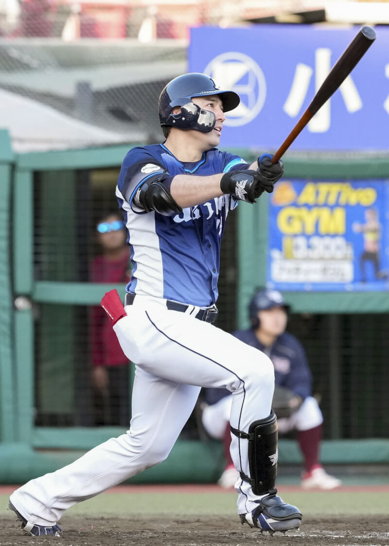 旅日埼玉西武獅隊野手林安可25日敲出2分砲、日職生涯第2轟。（共同社）