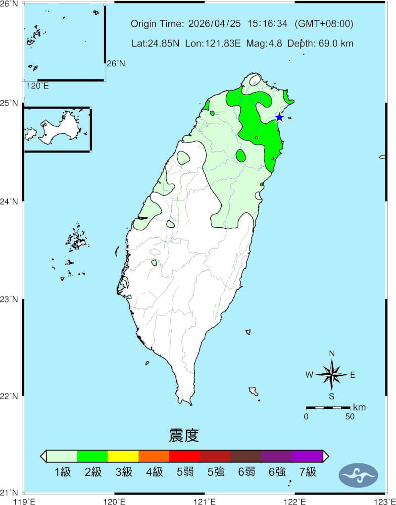 地震震度圖。（圖取自氣象署網頁cwa.gov.tw）