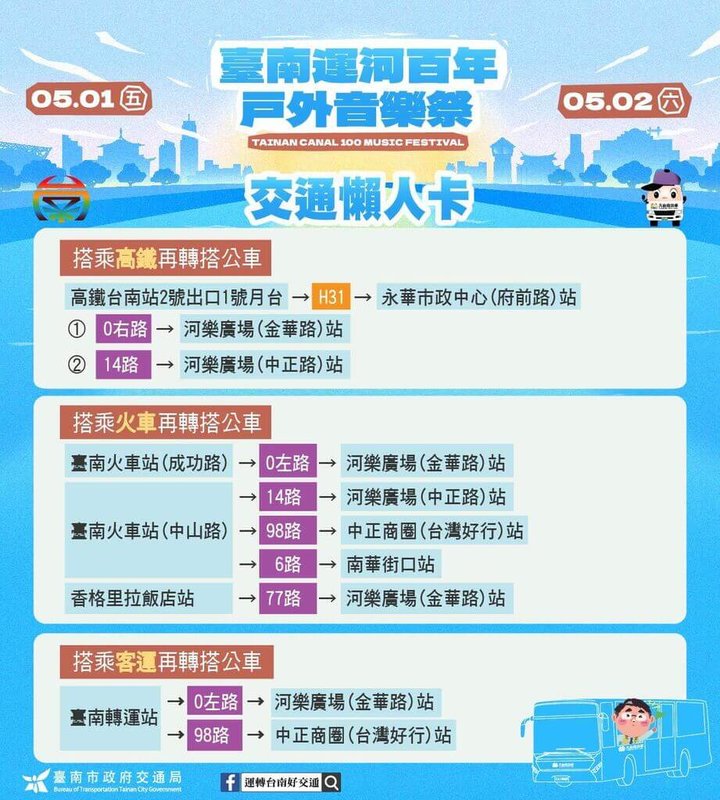 2026年適逢台南運河通航百年，戶外音樂祭5月1日起一連2天在河樂廣場及環河街登場，台南市交通局25日公布交通懶人包。（台南市政府提供）中央社記者張榮祥台南傳真　115年4月25日