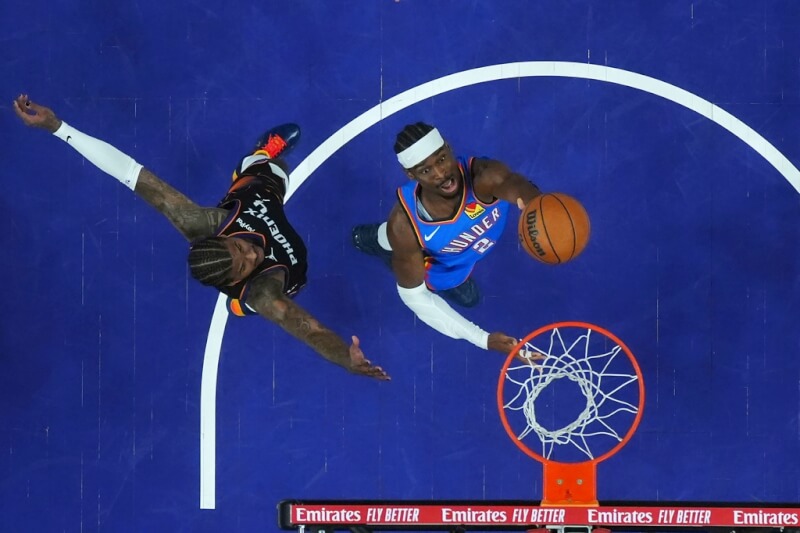 奧克拉荷馬雷霆的亞歷山大（持球者）25日以驚人命中率狂飆42分，率領球隊以121比109擊敗鳳凰城太陽。（美聯社）