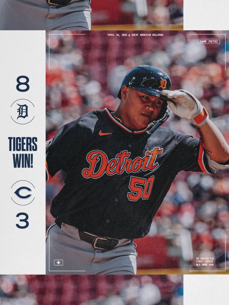 美國職棒大聯盟底特律老虎隊台灣選手李灝宇27日敲出生涯首轟。（圖取自x.com/tigers）