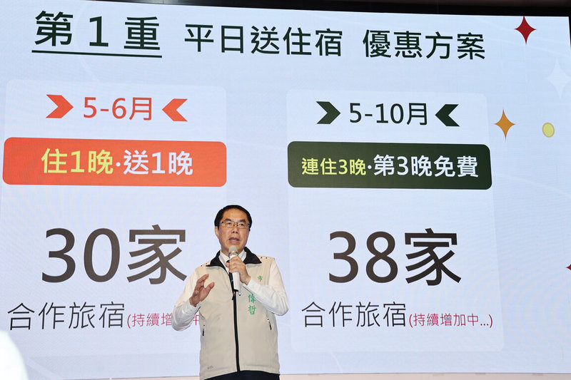 台南市政府與旅宿業者合作，將於5月1日起推出平日「住宿台南好康三重送」活動，市長黃偉哲（圖）27日出席活動宣傳記者會說明。（台南市政府提供）中央社記者楊思瑞台南傳真　115年4月27日