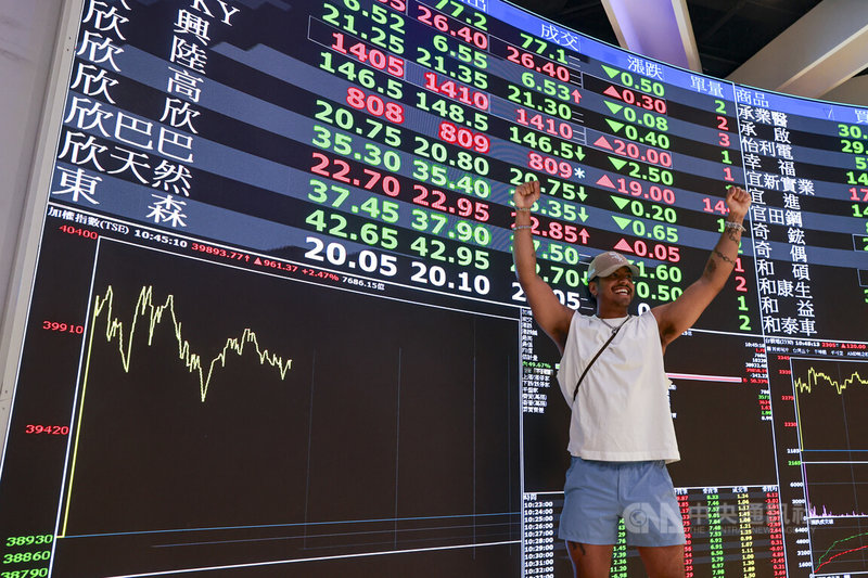 台北股市27日首度站上4萬點大關，加權指數續創歷史新高，市場氣氛熱絡，有民眾在證交所資訊看板前振臂歡呼。中央社記者鄭清元攝　115年4月27日