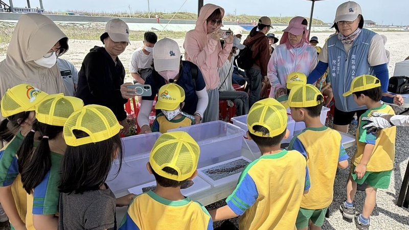澎湖縣湖西鄉公所深化海洋環境教育，27日在白坑沙灘周邊海域放流種苗一批，現場並進行海洋教育解說，小朋友們覺得新鮮有趣，上了一堂海洋資源保育課。（澎湖縣湖西鄉公所提供）中央社  115年4月27日