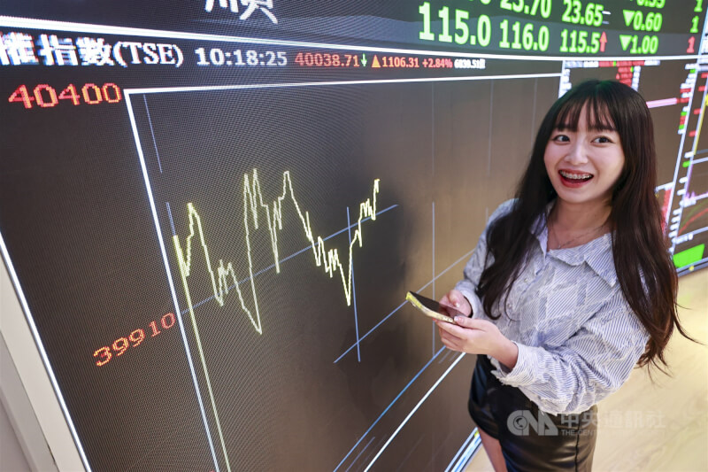 台北股市27日早盤飆漲逾千點，加權指數首度攻上4萬點大關，最高觸40152.82點，媒體記者在證交所關注台股走勢。中央社記者鄭清元攝　115年4月27日