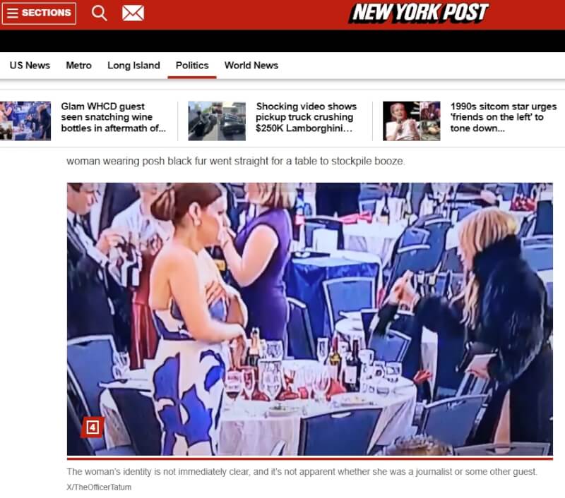 白宮記者協會年度晚宴爆發槍響之際，一名身分不明、穿著時髦黑色皮草的金髮女子被拍到若無其事般「搜刮」桌上的葡萄酒。（圖取自紐約郵報網頁nypost.com）