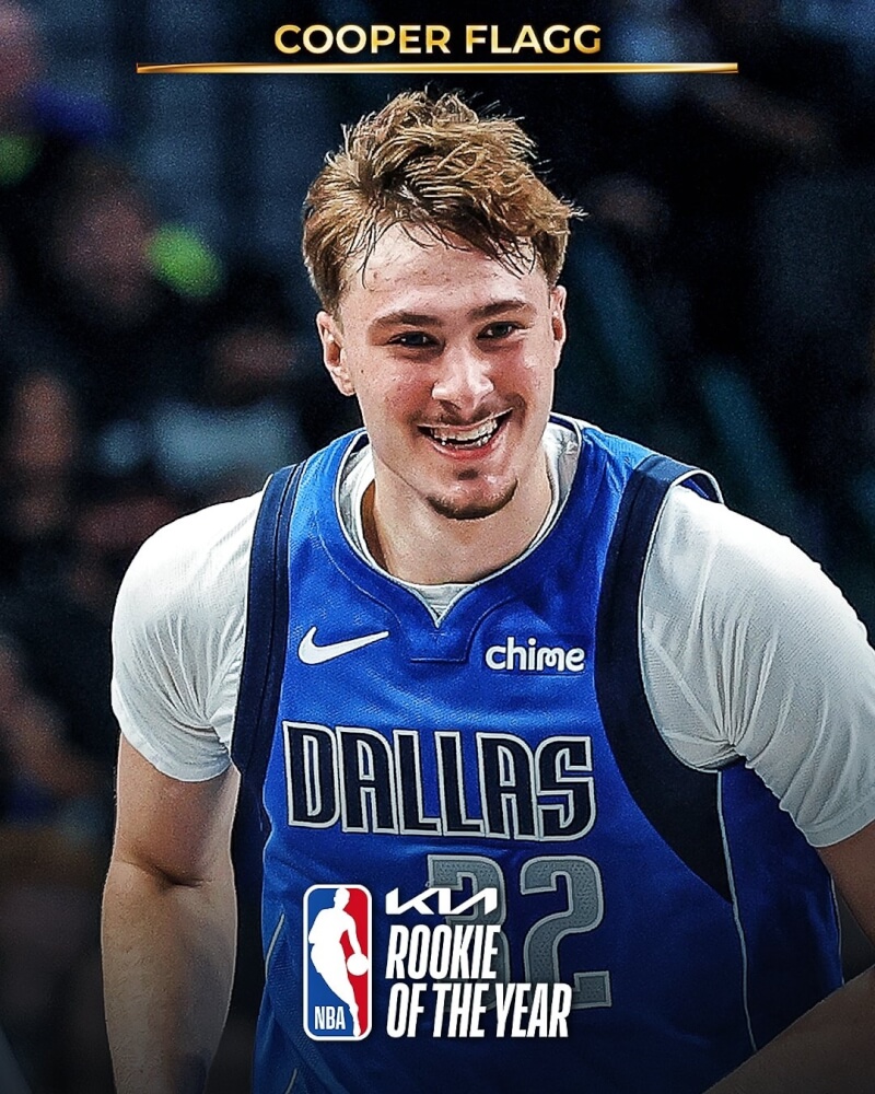 達拉斯獨行俠前鋒佛萊格27日獲頒美國職籃NBA年度最佳新秀。（圖取自x.com/NBA）