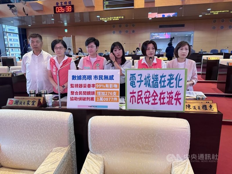 民進黨籍台中市議員陳雅惠（右2）等人29日在議會質詢指出，台中8成監視器設備老舊、影像解析度差，警局卻稱妥善率高達9成9，質疑看不清車牌也算設備妥善嗎。中央社記者趙麗妍攝　115年4月29日