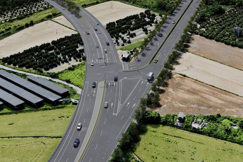 台1線水底寮外環道引導過境車流避開水底寮市區繁忙地段，工程全長約4.31公里，計畫道路寬度為25公尺，雙向配置各2快車道及1機慢車道。圖為完工示意圖。（交通部公路局南區養護工程分局提供）中央社記者黃郁菁傳真　115年4月29日