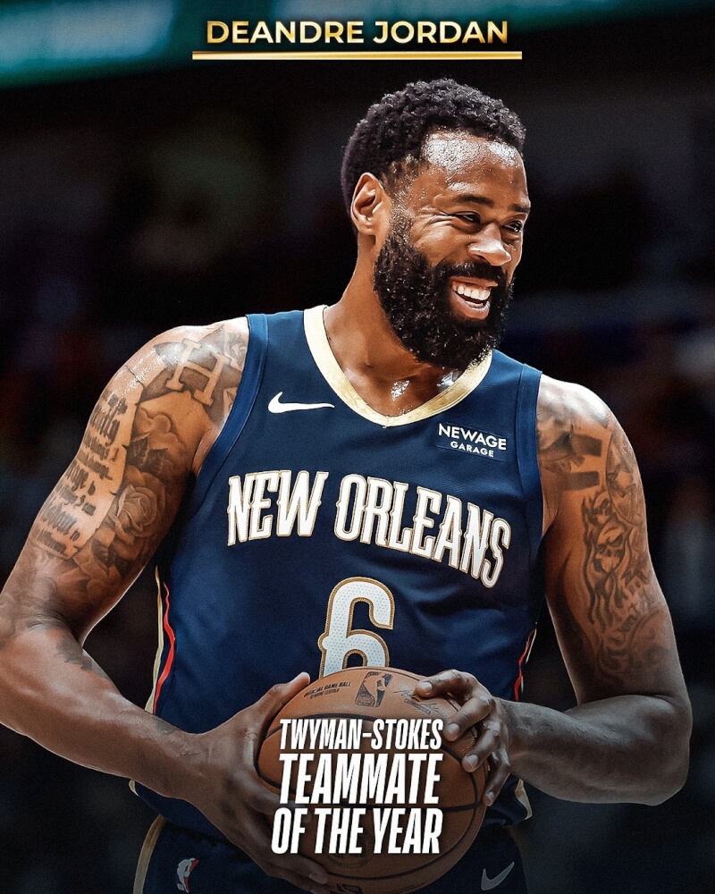 美國職籃NBA「年度最佳隊友獎」29日出爐，紐奧良鵜鶘37歲中鋒喬丹獲得現役球員投票肯定。（圖取自facebook.com/nba）