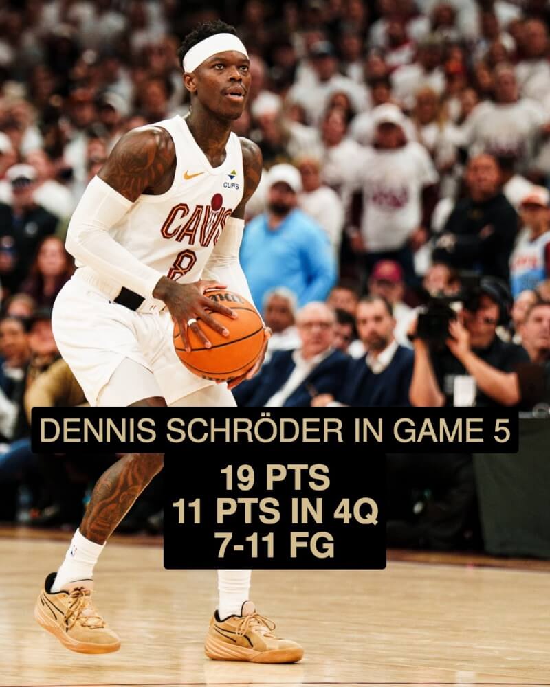 美國職籃NBA克里夫蘭騎士與多倫多暴龍進行季後賽首輪第5戰，施洛德第4節攻下個人19分中的11分。（圖取自x.com/cavs）