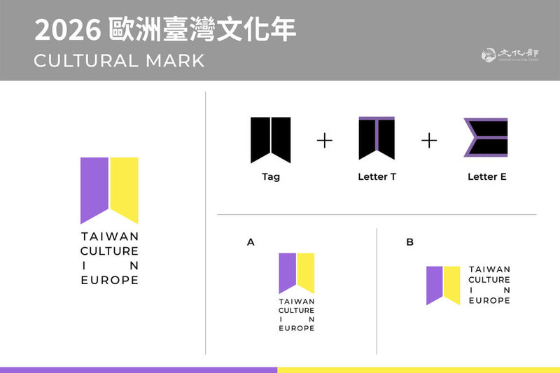 文化部「2026歐洲台灣文化年」串聯人權與藝文，邀請知名設計師顏伯駿統籌2026歐洲台灣文化年新視覺識別，運用象徵文化部牽牛花意象的紫色以及歐盟旗幟金星元素的黃色，將字母T（Taiwan）與E（Europe）巧妙隱含。（文化部提供）  中央社記者趙靜瑜傳真  115年4月30日