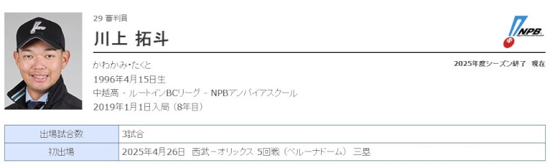 日本職棒裁判川上拓斗基本資料。（圖取自日本野球機構網頁npb.jp）
