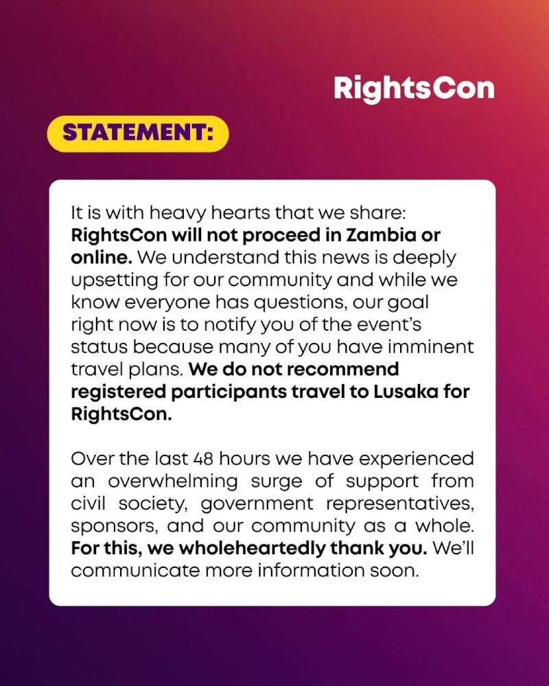 RightsCon主辦單位發布聲明表示，大會將不會在尚比亞或以線上方式舉行。（圖取自x.com/rightscon）