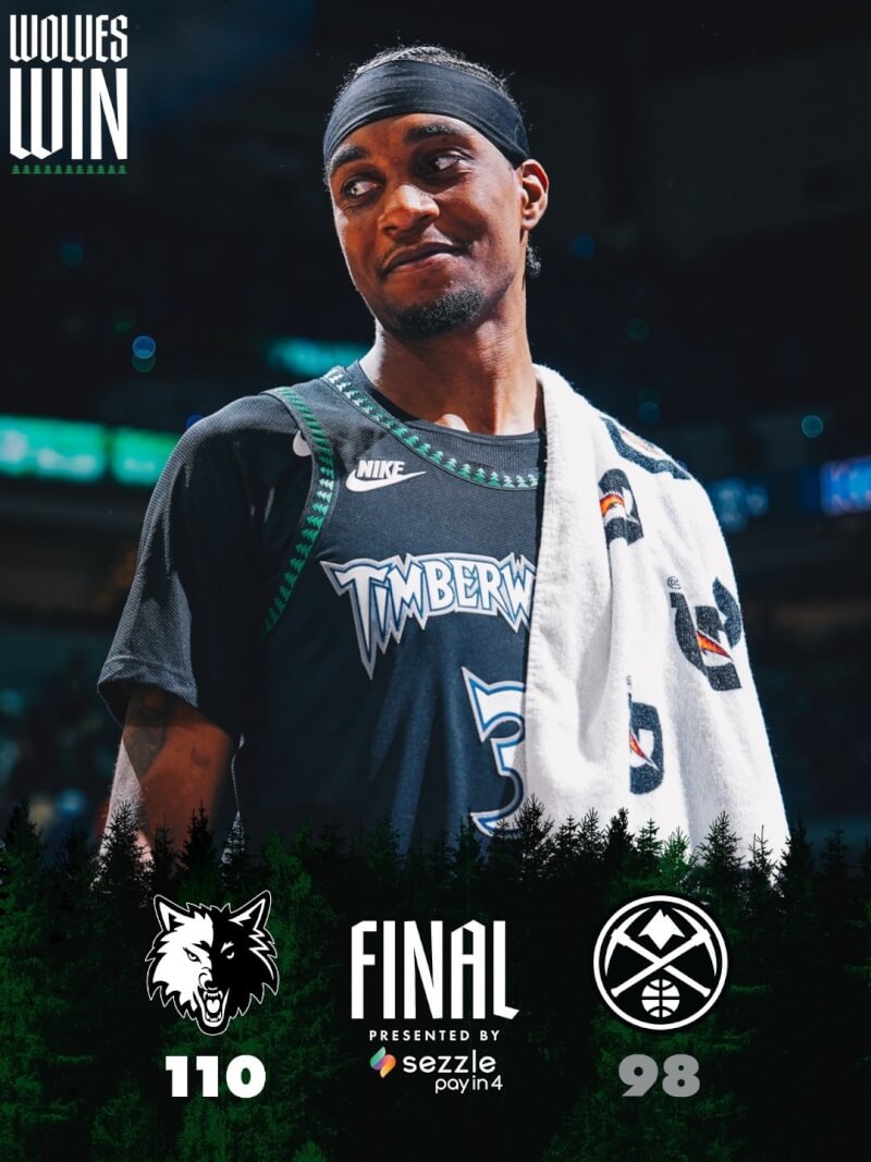 美國職籃NBA西區第6種子明尼蘇達灰狼4月30日擊敗第3種子丹佛金塊，以4比2戰績晉級第2輪系列賽。（圖取自x.com/Timberwolves）