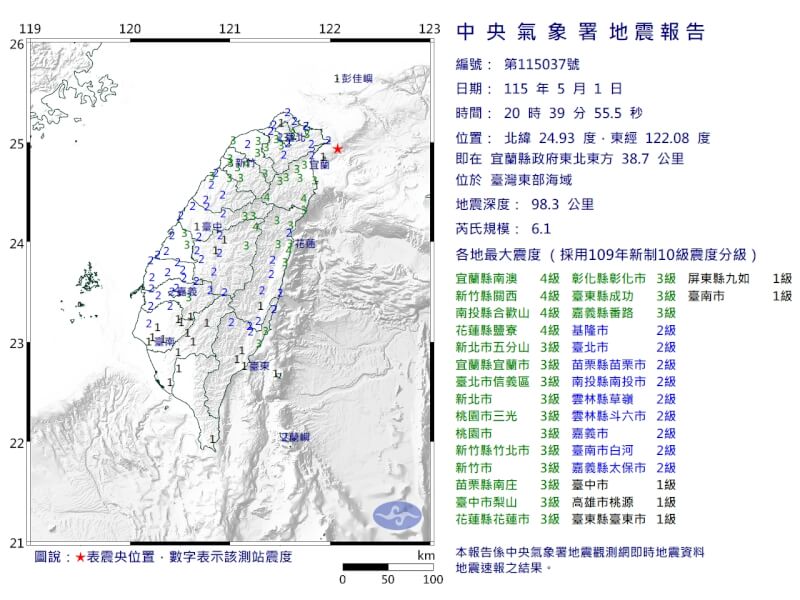 台灣東北部外海1日晚間8時39分發生規模6.1地震。（圖取自氣象署網頁cwa.gov.tw）