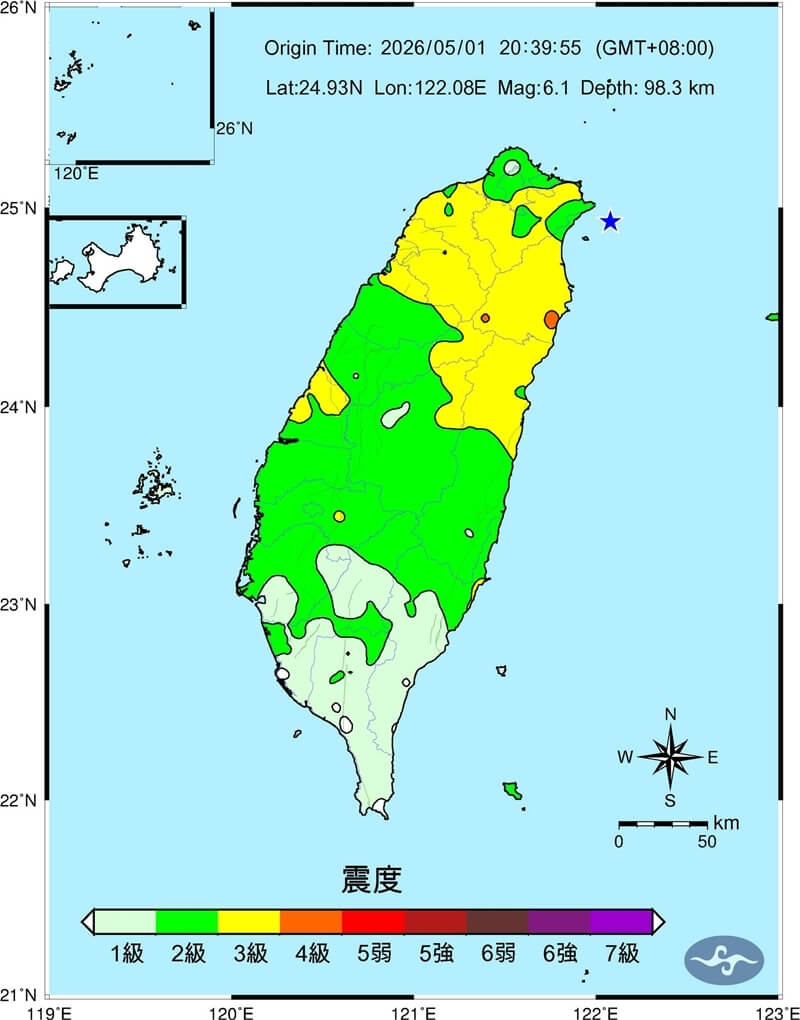 1日晚間規模6.1地震震度圖。（圖取自facebook.com/cwa.seismology）
