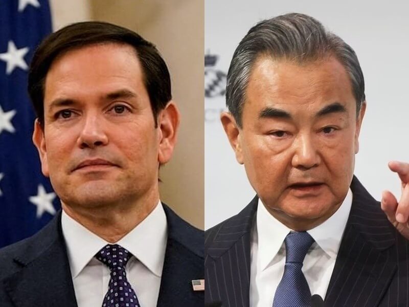 中國外交部長王毅（右）4月30日與美國國務卿盧比歐（左）通電話。（路透社）