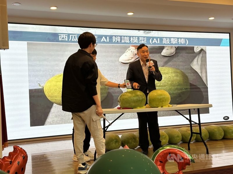 花蓮縣政府4日在縣府大禮堂舉辦「花蓮大西瓜節」宣傳記者會，會中由南台科技大學校長黃能富（右）發表西瓜熟度AI辨識系統（敲擊棒）檢測西瓜。中央社記者李先鳳攝　115年5月4日