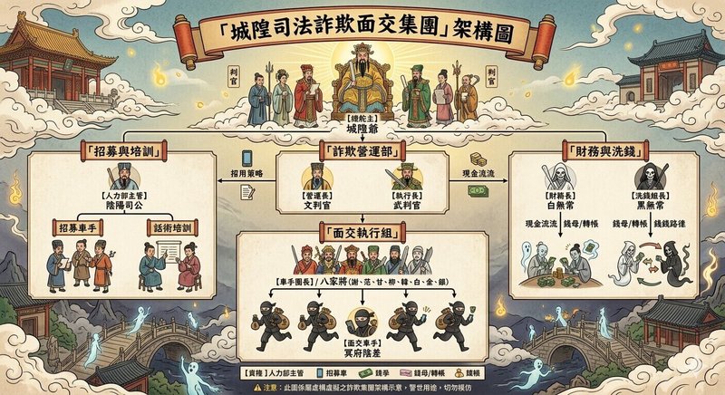 檢警破獲以呂姓男子為首的詐欺集團，該集團自稱「城隍車隊」，旗下成員均以七爺、八爺、文判官、武判官等自居。（警方提供）中央社記者趙麗妍傳真　115年5月4日