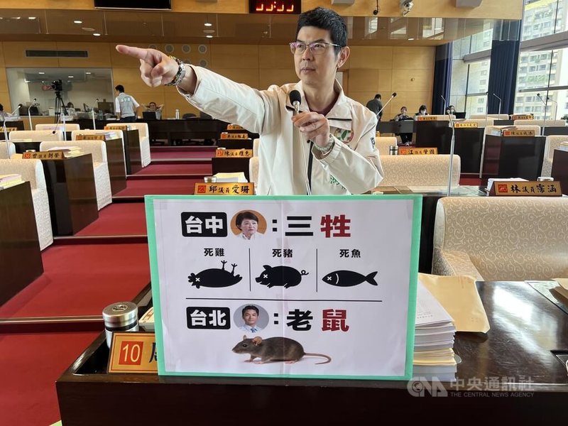 台中市議會定期會6日進行非洲豬瘟事件調查小組專案報告，民進黨台中市議員周永鴻會中關心台北鼠患，要求台中市政府也要加強防範。中央社記者郝雪卿攝  115年5月6日