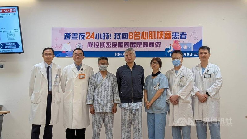 新光醫院日前在24小時內連收8名心肌梗塞患者，為院史上單日最多。醫療團隊6日舉行治療成果記者會，提醒心血管風險與低密度膽固醇密切相關，即使平常看起來健康也切勿輕忽。中央社記者曾以寧攝　115年5月6日