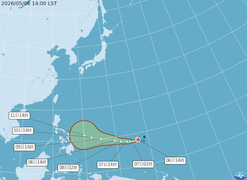 輕度颱風哈格比6日下午生成，圖為路徑潛勢預測圖。（圖取自氣象署網頁cwa.gov.tw）