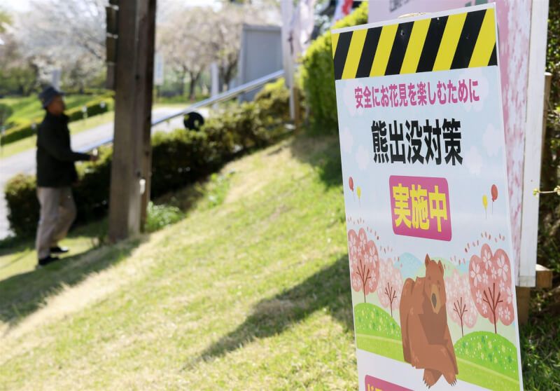 圖為日本岩手縣提醒民眾注意熊出沒的看板。（共同社）
