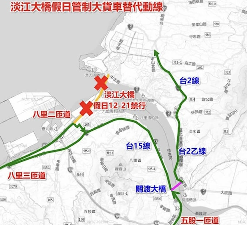 淡江大橋12日將正式通車,新北市交通局7日指出,通車後,假日中午12時至晚間9時將禁止15噸以上大貨車通行,呼籲駕駛留意改道。圖為淡江大橋假日管制大貨車替代路線圖。(新北市交通局提供)中央社記者曹亞沿傳真 115年5月7日
