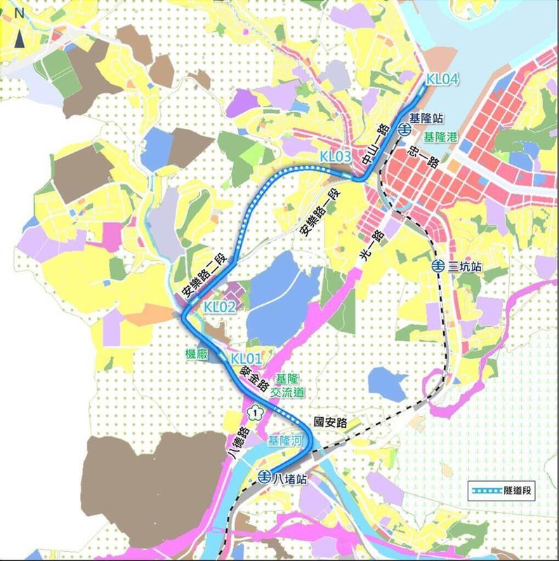 基隆市政府8日表示，基隆捷運第2階段（八堵至基隆）路線規劃，經評估以從八堵站出發經國安路，再左轉進入麥金路、右轉到安樂路2段、安樂路1段、中山一路，最後到基隆火車站的「麥金路方案」較佳，將向交通部建議為最優方案。圖為路線規劃示意圖。（基隆市政府提供）中央社記者沈如峰基隆傳真 115年5月8日