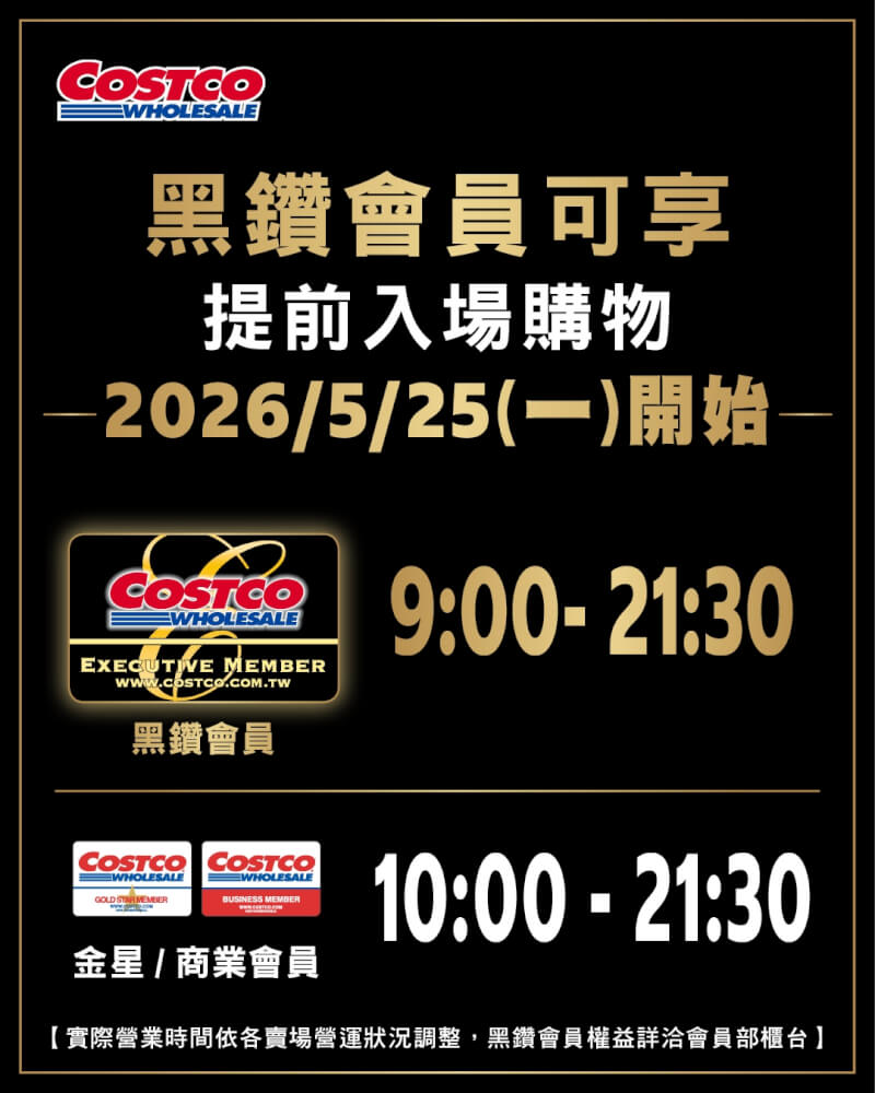 美式賣場台灣好市多11日宣布黑鑽會員將可於上午9時提前進入賣場採買。（圖取自facebook.com/TAIWAN.COSTCO）