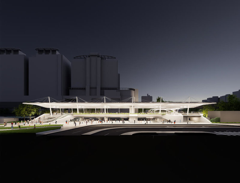 台北捷運公司規劃在國光客運台北車站旁的市民大道上方興建天橋，並延伸中山區心中山線形公園。委辦台北市新工處12日提到，此案原預算新台幣8.1億餘元，考量國光客運搬移，整體設計有變化，追加3億元，總經費共11.1億餘元，估2029年底完工。此為完工模擬圖。（新工處提供）中央社記者劉建邦傳真　115年5月12日