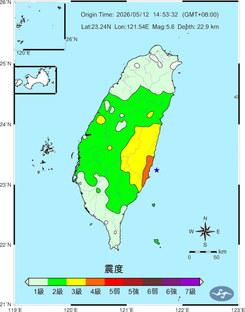 台灣東部海域12日下午發生規模5.6地震，幾乎全台有感。（圖取自facebook.com/cwa.seismology）