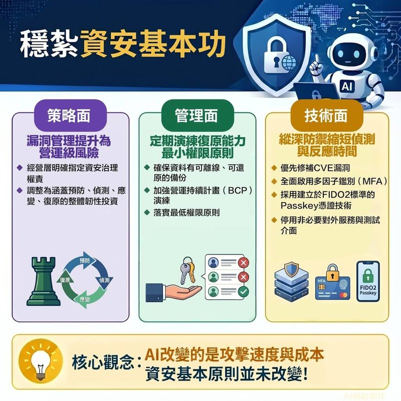 數發部資安署14日表示，面對新興人工智慧（AI）模型展現強大資安漏洞挖掘與攻擊能力，將以3項應對作為，攜手產官學共同因應挑戰，同時，引導企業與政府機關從策略、管理及技術等3大面向強化防護，提升台灣整體數位安全韌性。（資安署提供）中央社記者趙敏雅傳真　115年5月14日