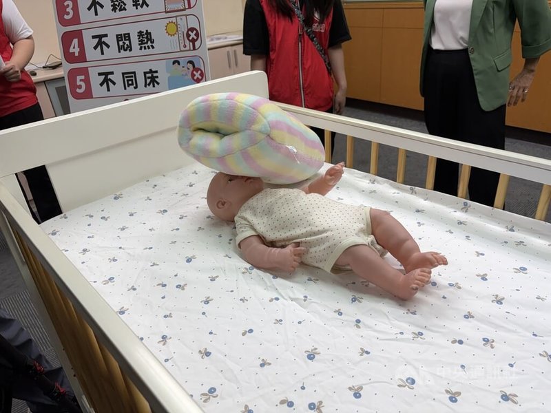 全國兒童安全日15日適逢20週年，靖娟基金會14日公布針對六都育有1歲以下嬰兒家長進行嬰幼兒睡眠安全調查結果，並提醒嬰兒必須睡在獨立嬰兒床並且周遭淨空，若有棉被或枕頭恐遮住嬰兒口鼻導致窒息。中央社記者吳欣紜攝 115年5月14日