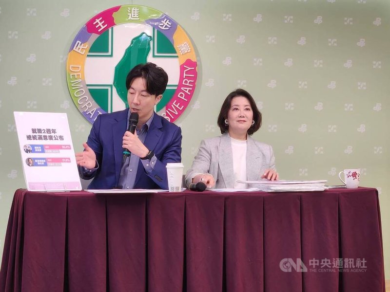 民進黨政策會執行長吳思瑤（右）與發言人吳崢18日召開「執政兩週年民調發布」記者會。中央社記者葉素萍攝　115年5月18日