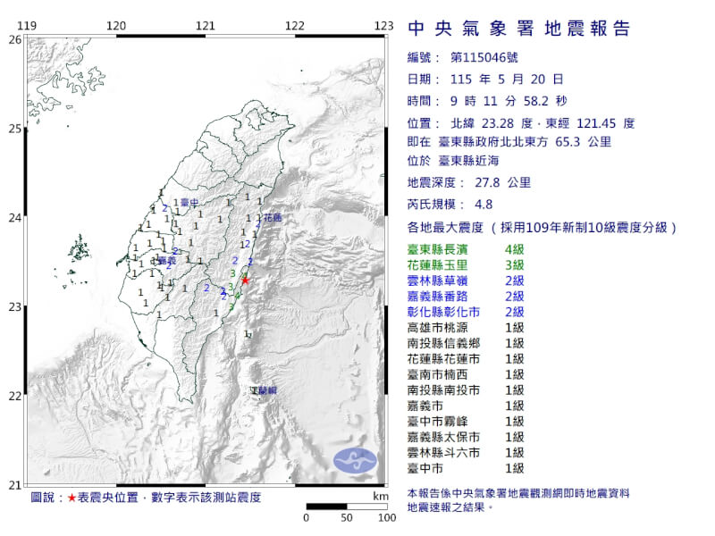 台東縣20日9時11分發生芮氏規模4.8地震。（圖取自氣象署網頁cwa.gov.tw）
