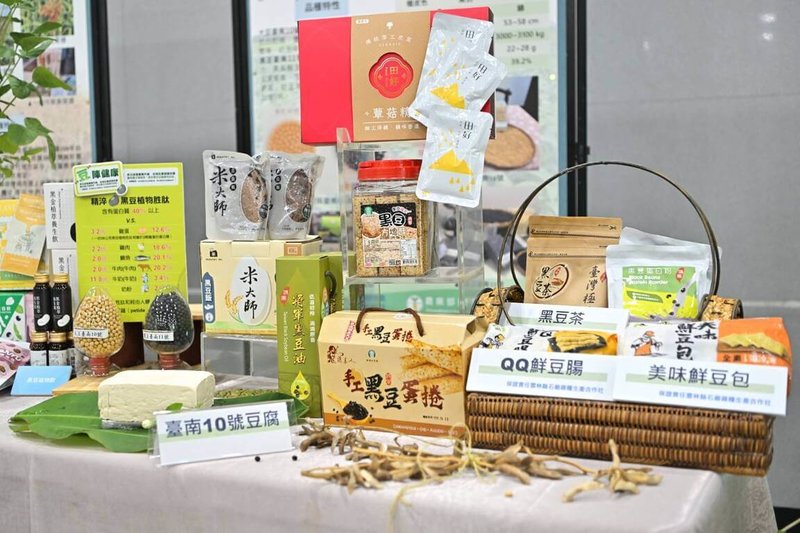 台南農改場近幾年育成2項具代表性的優良大豆品種,「大豆台南10號」具高蛋白及抗白粉病等特性,豆香濃郁、出漿率高,適合製作豆漿、豆腐、豆乾及味噌等產品;「黑豆台南11號」具高產、抗白粉病及富含異黃酮、花青素等特點,抗氧化潛力佳,製成黑豆漿、黑豆茶風味甘醇,兼具營養與機能價值。(台南農改場提供)中央社記者汪淑芬傳真 115年5月21日