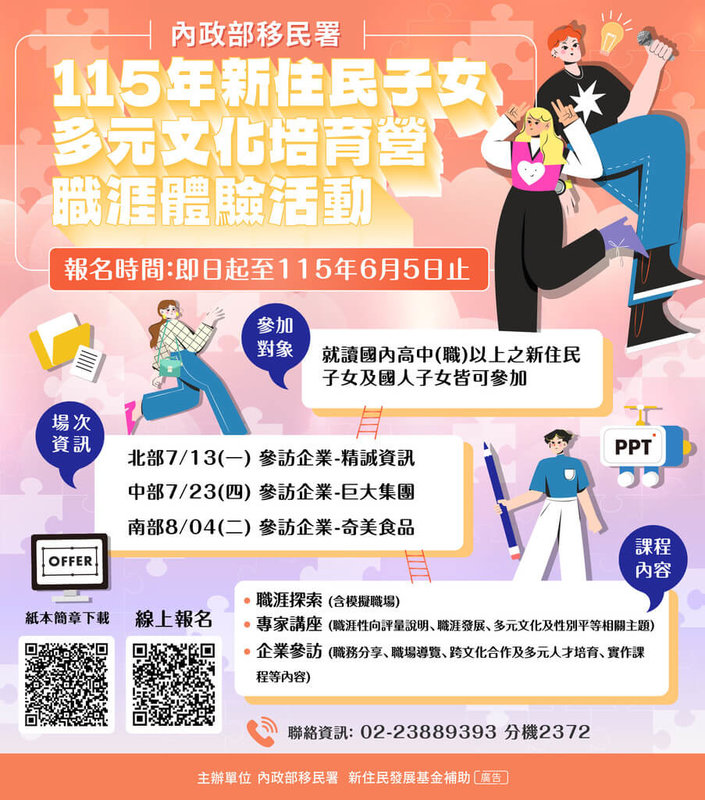 移民署21日表示，暑假將舉辦新住民子女多元文化培育營，將參訪精誠企業、巨大集團和奇美食品等公司，透過模擬職場協助學子們探索職涯。（移民署提供）中央社記者黃麗芸傳真　115年5月21日