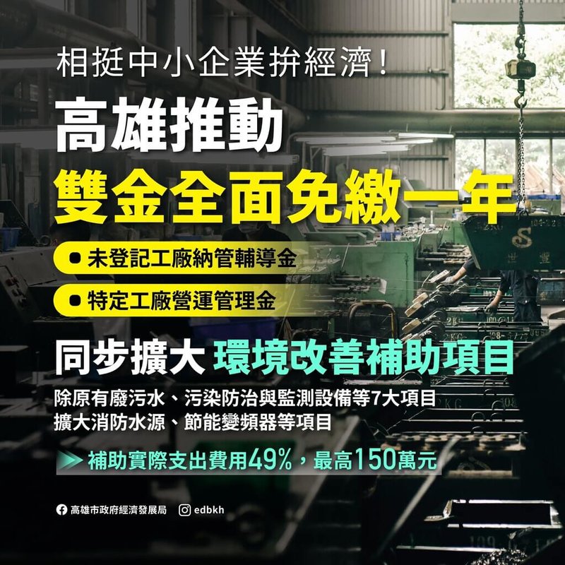 高雄市政府支持中小企業拚經濟，26日宣布規劃115年度納管及特定工廠「雙金全面免繳一年」，同步擴大環境改善補助項目，最高可補助新台幣150萬元。（高雄市經發局提供）中央社記者林巧璉傳真　115年5月26日