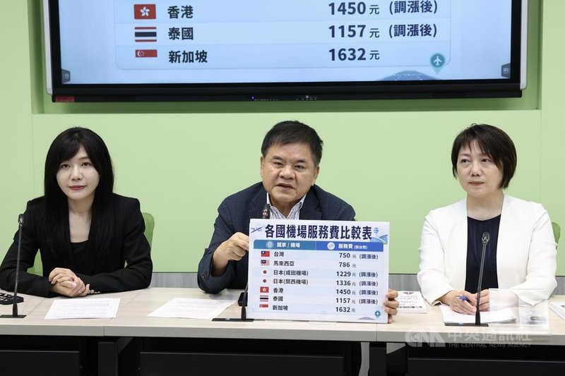 機場服務費將調漲，引發各界關注。民進黨立法院黨團幹事長莊瑞雄（中）、書記長范雲（右）、副書記長吳沛憶（左）26日舉行輿情回應記者會，莊瑞雄指出，費用調漲後，機場的服務應該升級，要讓民眾有感覺。中央社記者吳家昇攝　115年5月26日