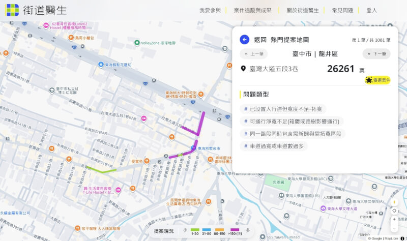 根據「全民參與街道改善平台」資料，台灣大道五段3巷問題包括可通行淨寬不足、人行道寬度不足等。（圖取自全民參與街道改善平台網頁drstreet.net）