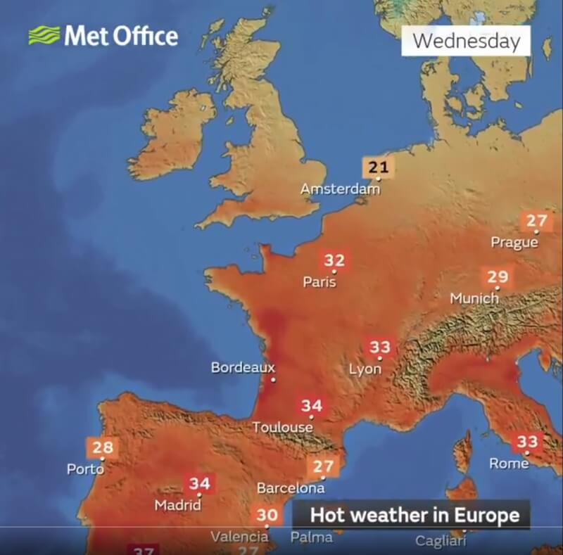 圖為英國氣象局27日天氣報告。（圖取自x.com/metoffice）