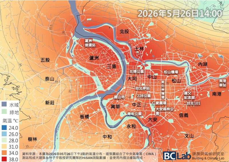 臉書「都市退燒」27日表示，過去大台北日間高溫多以盆地中央的萬華、中正為首，並擴大至士林、內湖、信義等熱區。（圖取自facebook.com/CoolCityTaiwan）