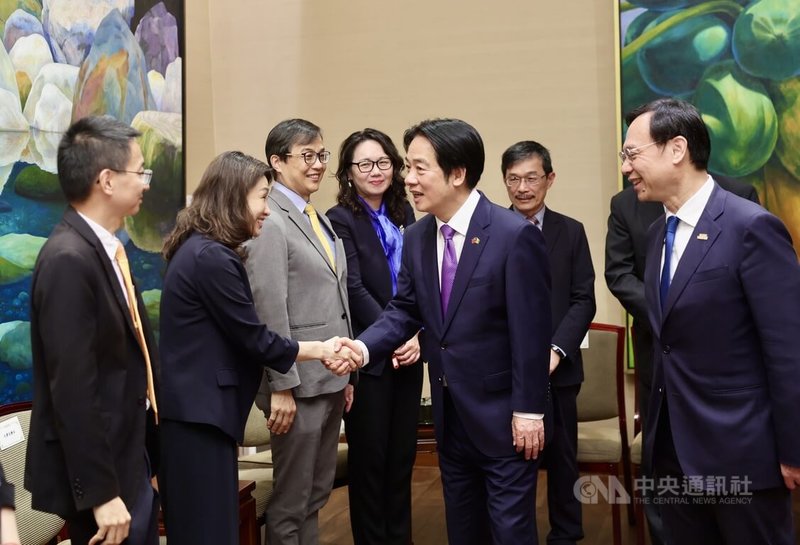 總統賴清德(中)28日在總統府接見「世衛行動團」成員,對他們為台灣醫療與國際接軌做出的努力給予肯定,並逐一與世衛行動團成員握手致意。中央社記者王飛華攝 115年5月28日