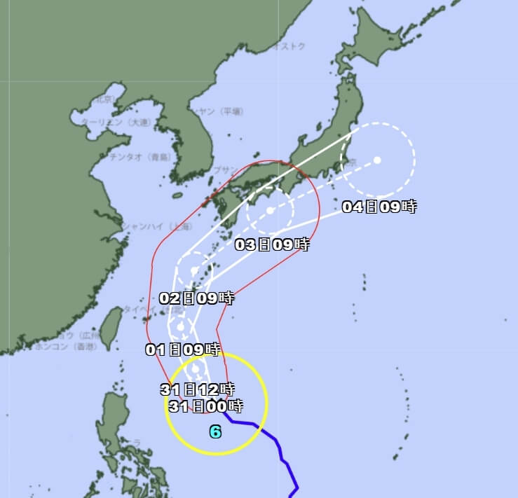 第6號颱風薔蜜的暴風圈，可能在6月1日到2日左右接近日本沖繩地區與奄美地區。（圖取自日本氣象廳網頁data.jma.go.jp）