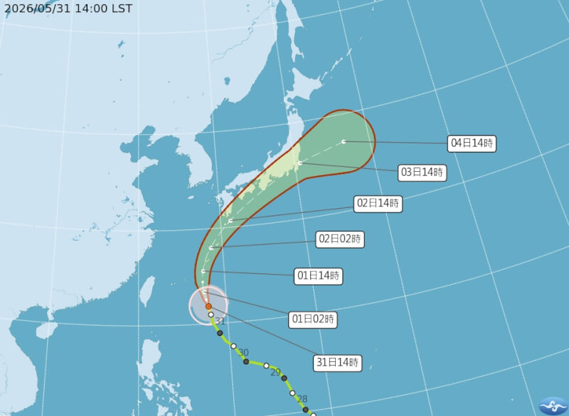 氣象署表示，31日晚間至6月1日是颱風薔蜜距台最近期間，北部、東北部防短暫陣雨。圖為颱風薔蜜路徑潛勢預測圖。（圖取自中央氣象署網頁cwa.gov.tw）